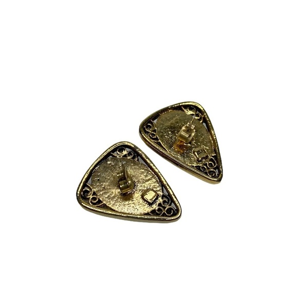 Faux Stone Antiqued Gold Triangle Pierced Earrings - Picture 4 of 6